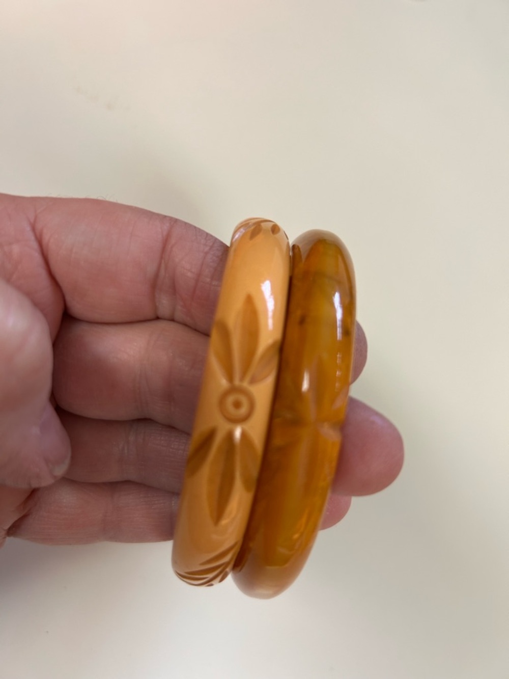 Vintage Carved  Bakelite Bangle Bracelets - Honey and Amber colors